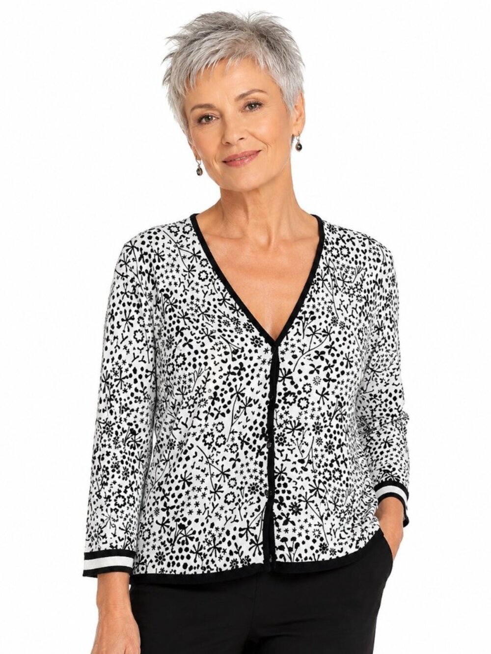 Sigrid Olsen B&W Floral Knit Cardigan